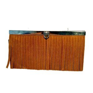 Rue 21 Wallet brown leather fringed suede brass closure 7.5"x4"